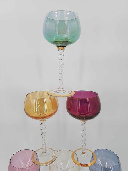 6 grands verres à vin vintage colorés à pieds torsadés