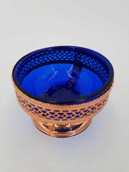 Service sucrier et pot à lait en métal cuivré et verre de couleur bleu