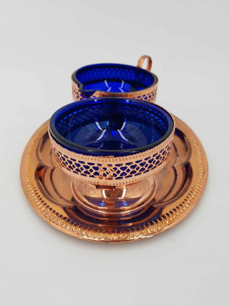 Service sucrier et pot à lait en métal cuivré et verre de couleur bleu