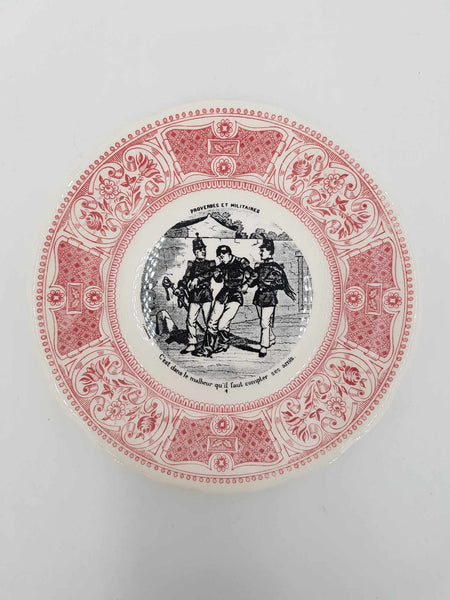 6 anciennes assiettes parlantes "Proverbes et militaires" en porcelaine de GIEN