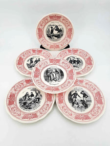 6 anciennes assiettes parlantes "Proverbes et militaires" en porcelaine de GIEN