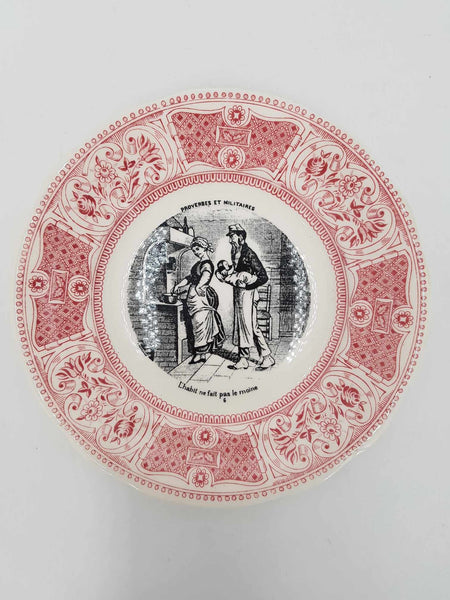 6 anciennes assiettes parlantes "Proverbes et militaires" en porcelaine de GIEN