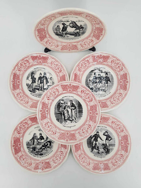 6 anciennes assiettes parlantes "Proverbes et militaires" en porcelaine de GIEN