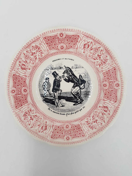 6 anciennes assiettes parlantes "Proverbes et militaires" en porcelaine de GIEN