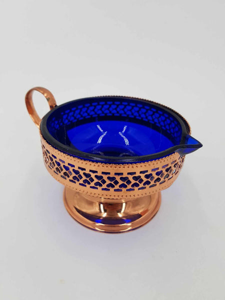 Service sucrier et pot à lait en métal cuivré et verre de couleur bleu