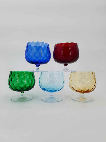 Série de 5 verres à Cognac colorés vintage en verre d'Empoli