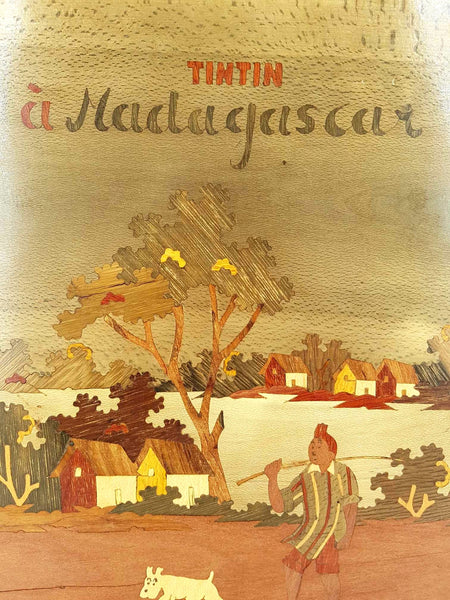 Tableau en marqueterie de bois "Tintin à Madagascar"