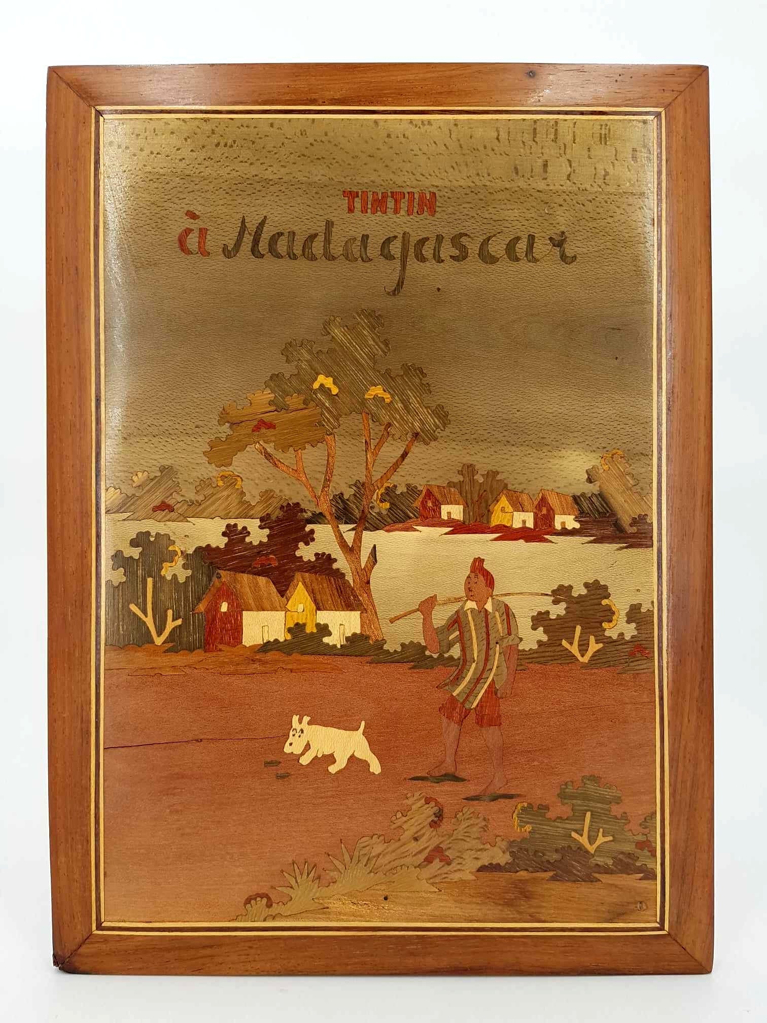 Tableau en marqueterie de bois "Tintin à Madagascar"