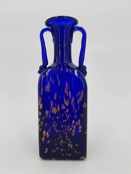 Vase en verre bleu Joska moucheté or rose en forme d'amphore