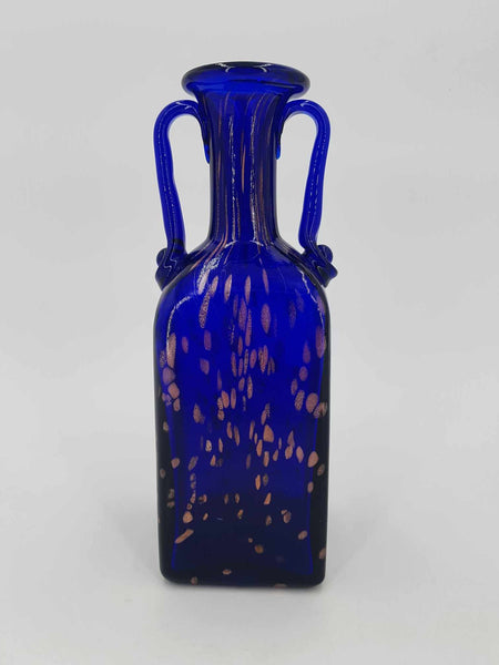 Vase en verre bleu Joska moucheté or rose en forme d'amphore