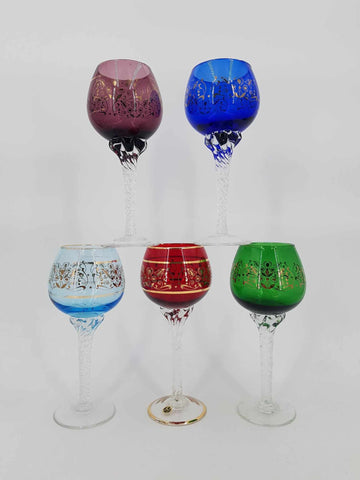 Ensemble de 5 verres à vin colorés Murano avec dorure