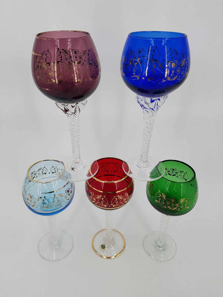 Ensemble de 5 verres à vin colorés Murano avec dorure