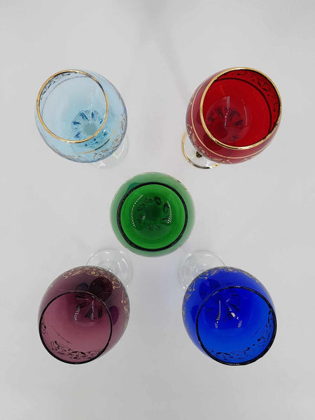 Ensemble de 5 verres à vin colorés Murano avec dorure