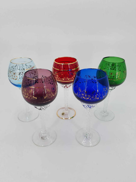 Ensemble de 5 verres à vin colorés Murano avec dorure