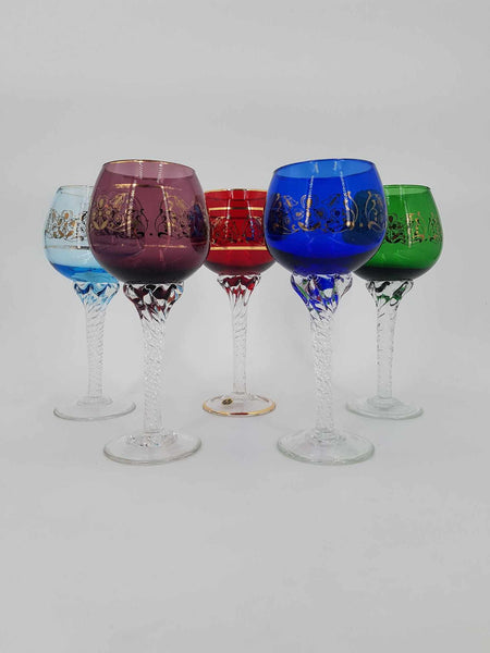 Ensemble de 5 verres à vin colorés Murano avec dorure