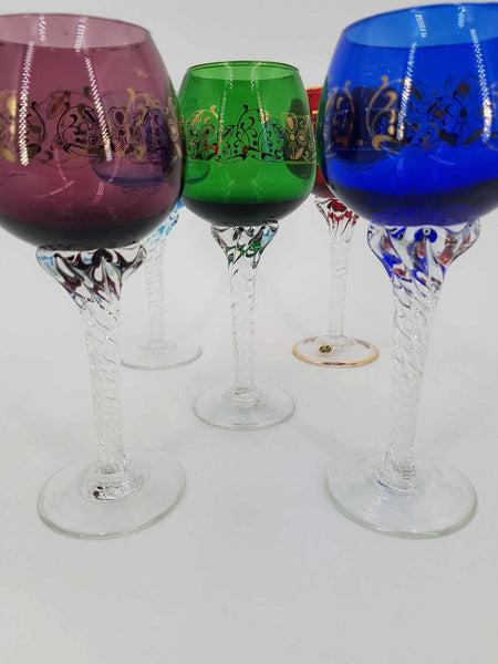 Ensemble de 5 verres à vin colorés Murano avec dorure