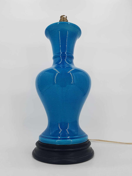 Ancien pied de lampe en céramique craquelée de couleur bleu