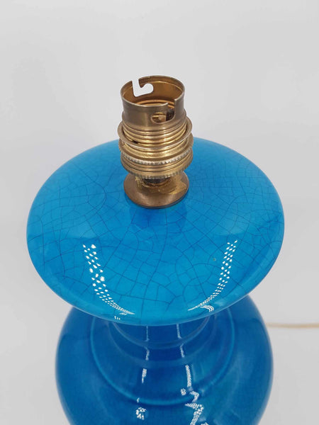 Ancien pied de lampe en céramique craquelée de couleur bleu