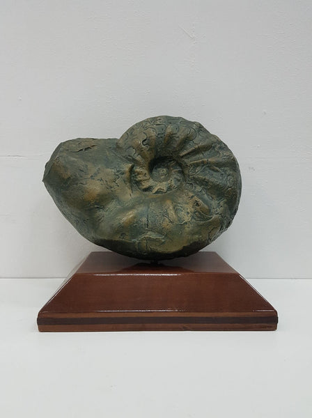 Sculpture Ammonite en ciment sur socle en bois