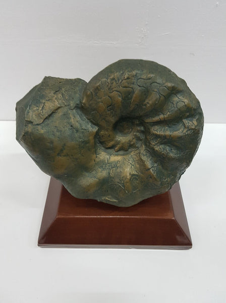 Sculpture Ammonite en ciment sur socle en bois