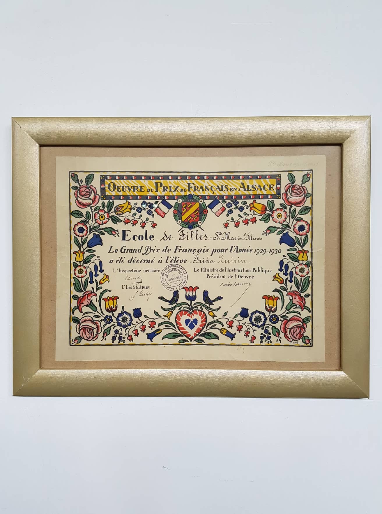 Œuvre du Prix de Français en Alsace de 1929 décoré par Hansi (Jean-Jacques Waltz)