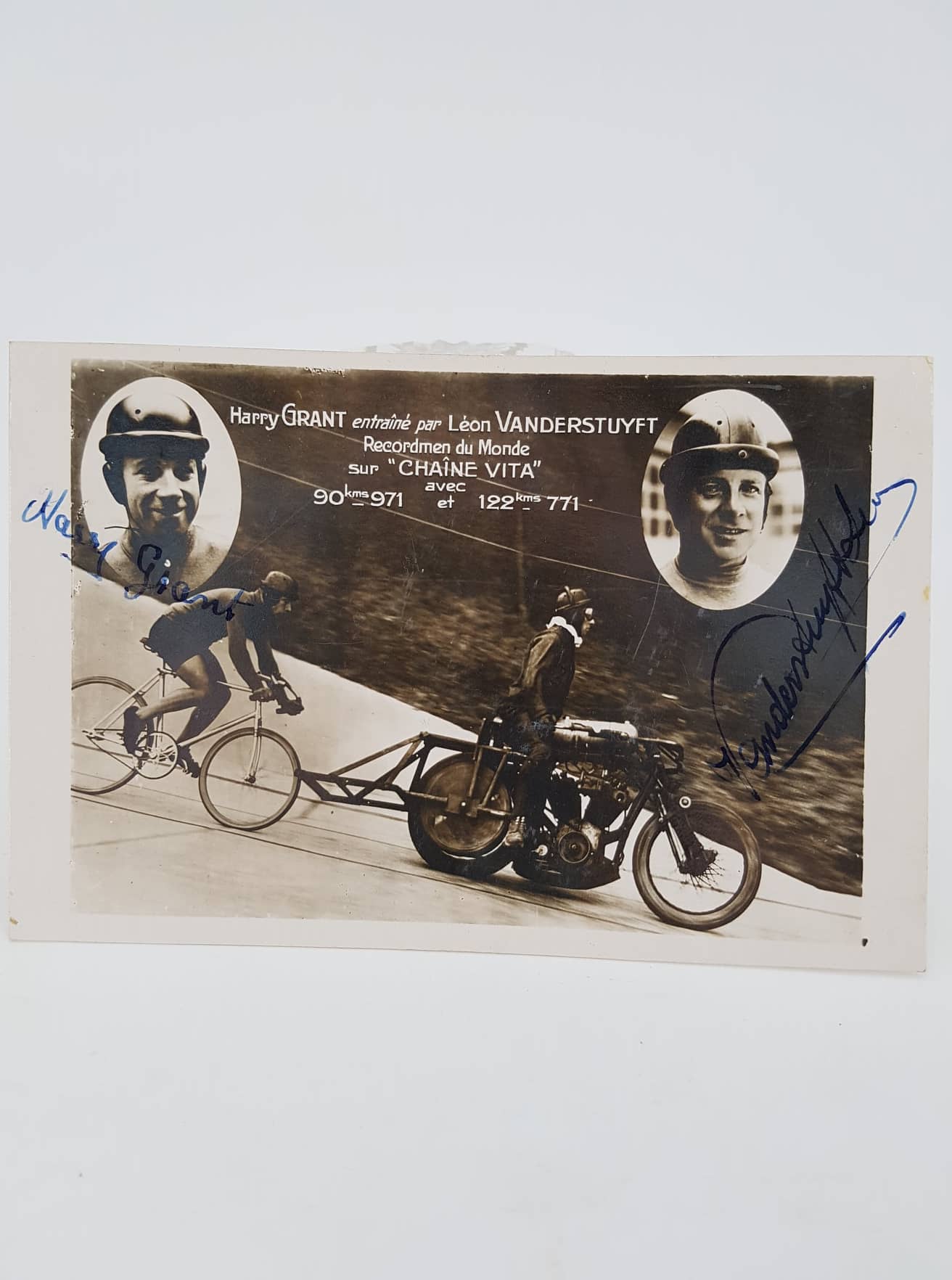 Ancienne photo dédicacée de Harry Grant (Cycliste) et son entraineur Léon Vanderstuyft
