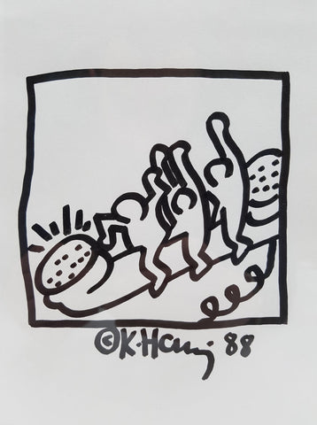 Authentique dessin original au feutre noir signé par Keith Haring en 1988