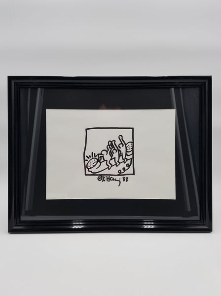 Authentique dessin original au feutre noir signé par Keith Haring en 1988