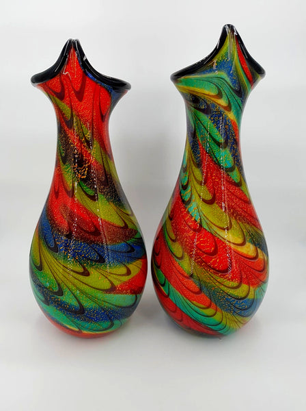 Grande paire de vase Murano en verre soufflé multicolore