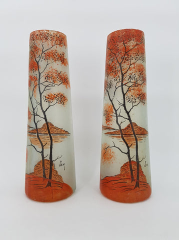 Paire de vases Art nouveau en verre émaillé signé JEM (Elève de Legras 1880-1900)