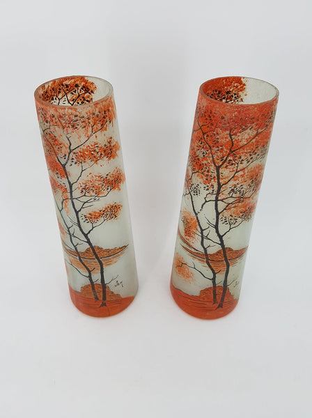 Paire de vases Art nouveau en verre émaillé signé JEM (Elève de Legras 1880-1900)