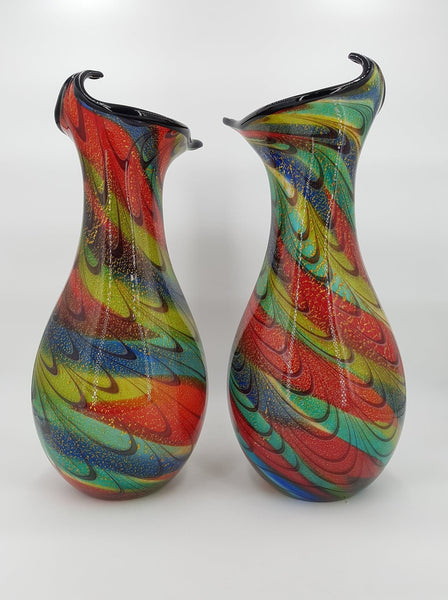 Grande paire de vase Murano en verre soufflé multicolore