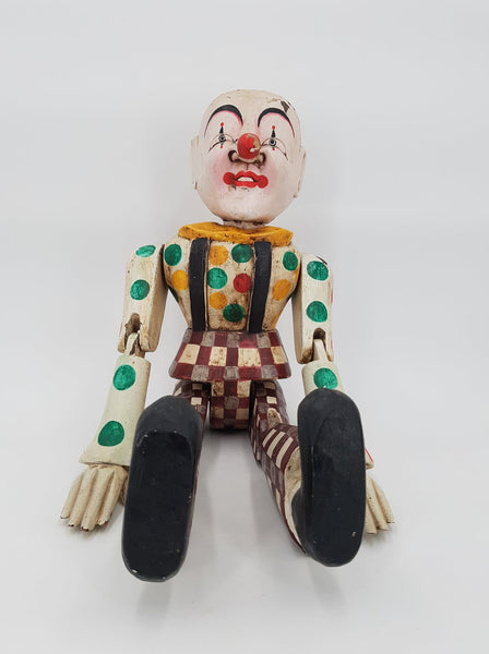 Ancien jouet Clown articulé de grande taille en bois des années 50