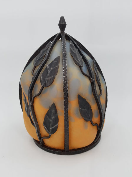 Grande lampe Art déco en fer forgé et patte de verre attribué à Degué (David Guéron)