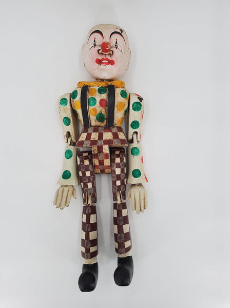 Ancien jouet Clown articulé de grande taille en bois des années 50