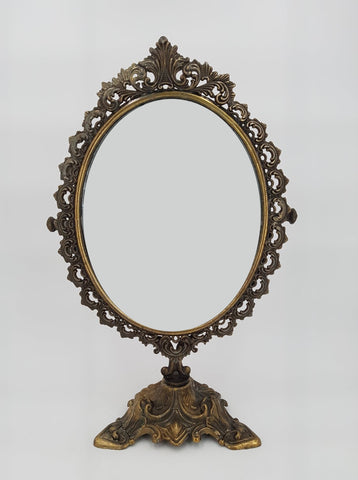 Ancien miroir de table en métal de grande taille
