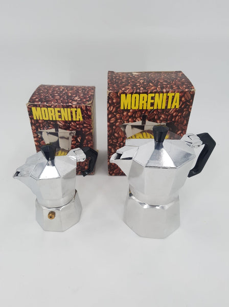 Ensemble de 2 cafetières italiennes vintage Morenita dans leur boite d'origine