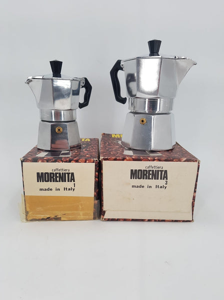 Ensemble de 2 cafetières italiennes vintage Morenita dans leur boite d'origine