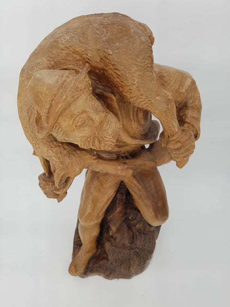 Grande sculpture de chasseur en bois par l'artiste René Lange (60cm)