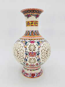 Vase - photophore antique en porcelaine peint à la main signé de manufacture chinoise