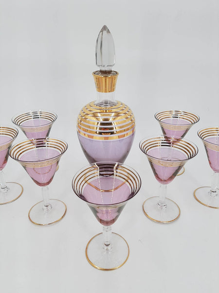 Service à liqueur Art déco en verre de couleur mauve