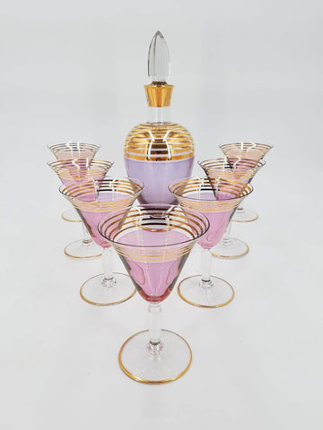 Service à liqueur Art déco en verre de couleur mauve