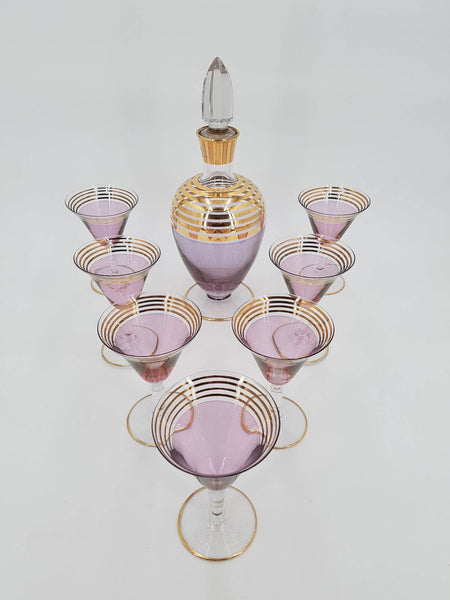 Service à liqueur Art déco en verre de couleur mauve