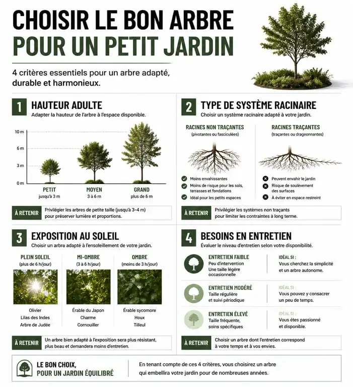 Infographie des critères de choix d'arbres pour petit jardin : hauteur, racines et exposition