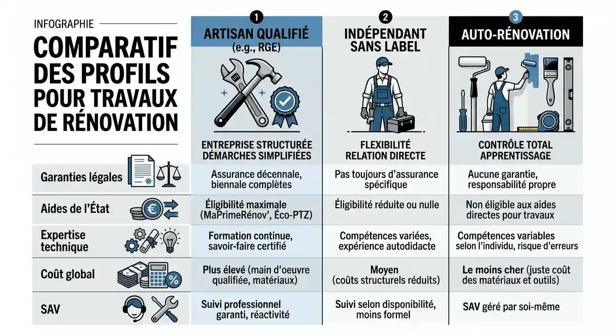 Infographie comparative des options pour vos travaux : artisan qualifié vs indépendant vs auto-rénovation