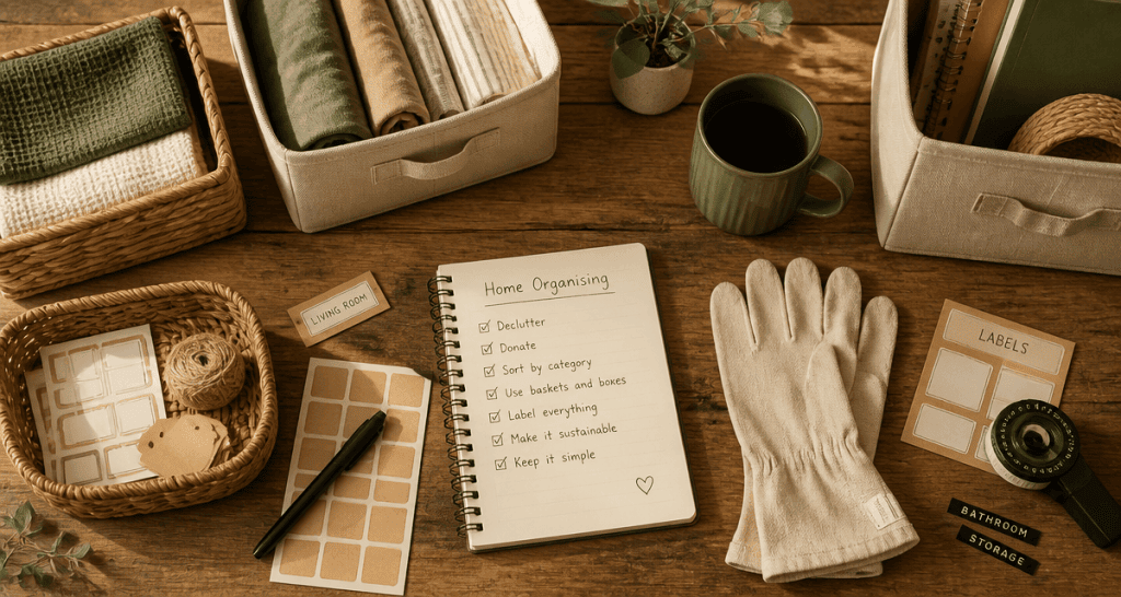 aide rangement maison paniers et boîtes sur plan de travail