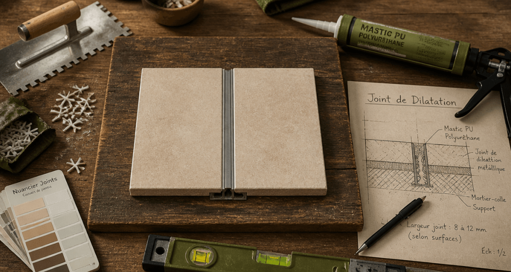 Carrelage joint de dilatation sur plan de travail avec outils