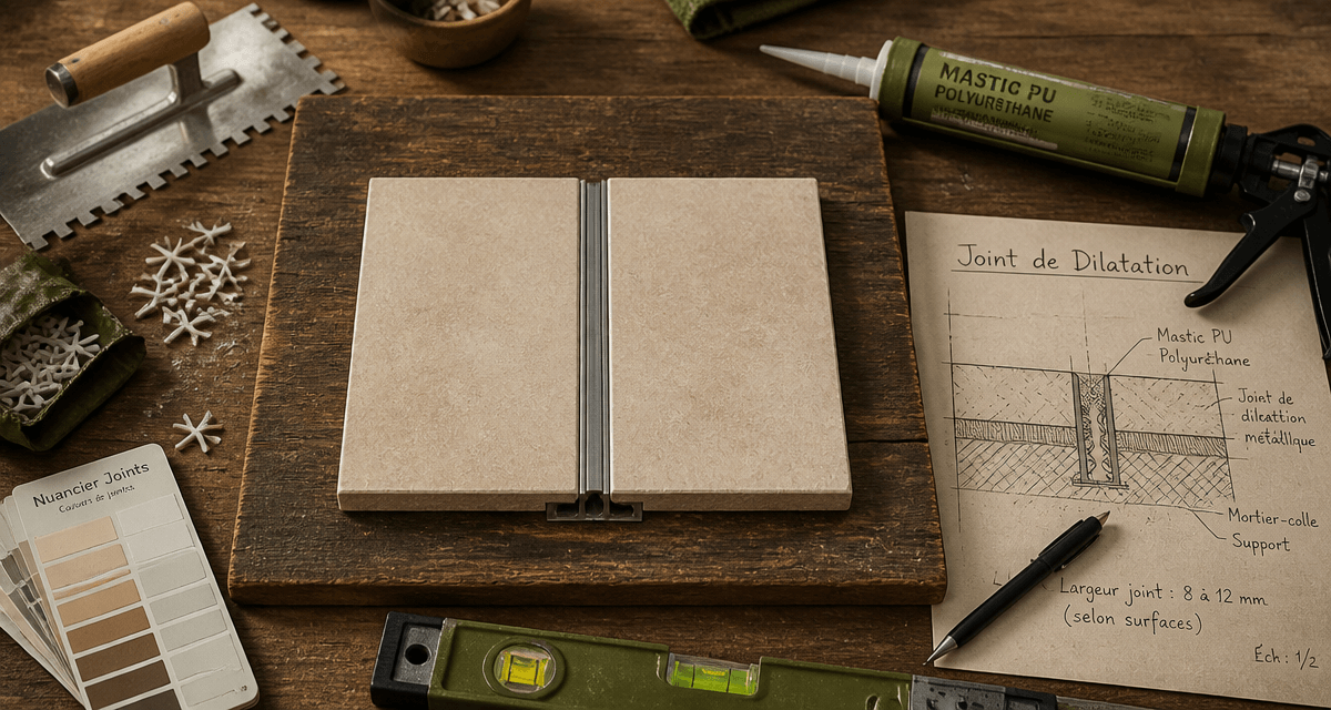 Carrelage joint de dilatation sur plan de travail avec outils