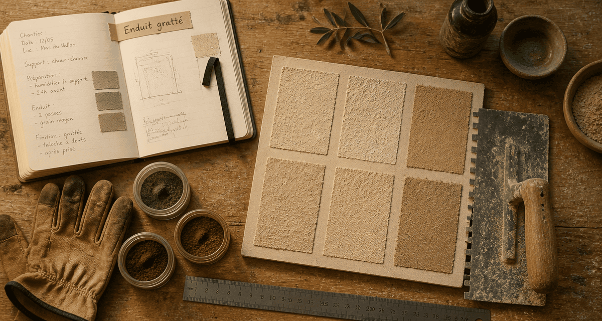 enduit gratte planche échantillons et outils