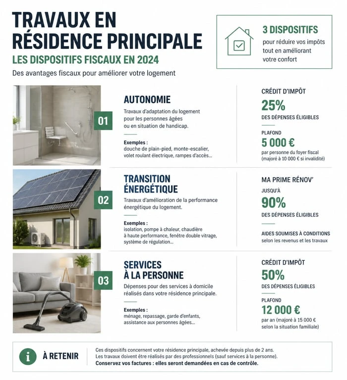 Tableau récapitulatif des aides fiscales et travaux déductibles pour une résidence principale en 2024